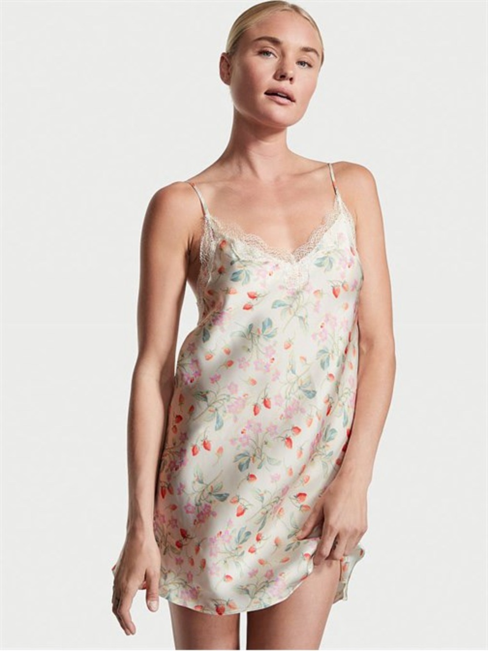 Victoria's Secret strawberry and floral print satin chemise slip dress - L NWOT